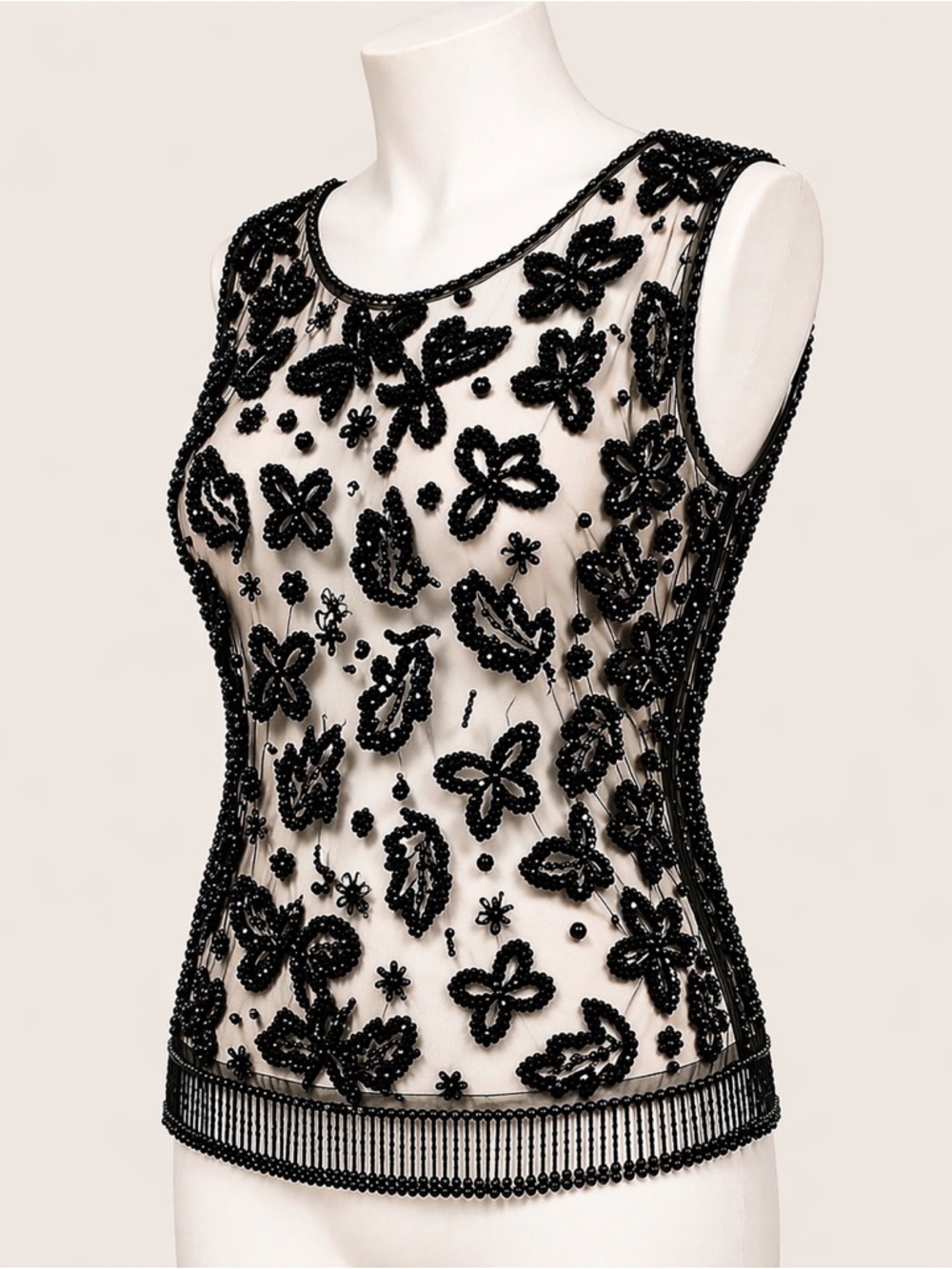 Vintage Black Beaded Mesh Top Sheer Floral Fringe Y2K 90s Evening Glam Small